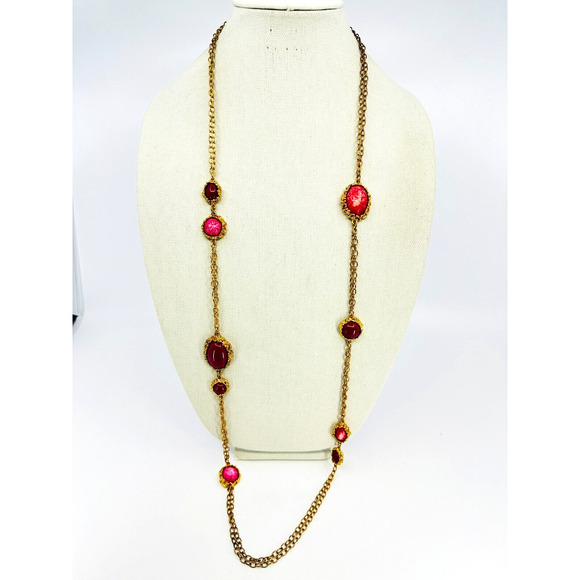 Chicos Necklace Pink Maroon Cabochon Stations Gold Tone 44" Everyday Jewelry - Picture 1 of 8